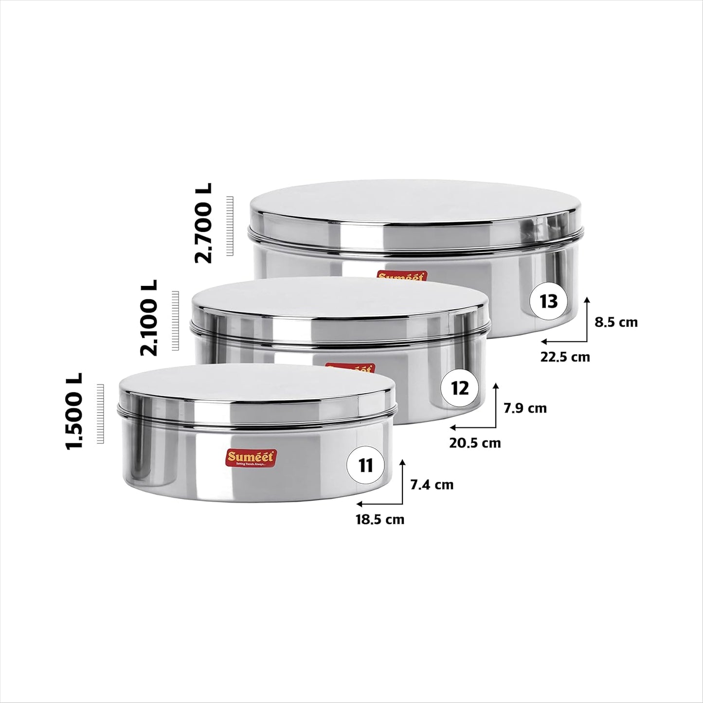 Sumeet Stainless Steel Flat Canisters/Storage Containers Set Of 3Pcs (1.5Ltr,2.1Ltr,2.7Ltr)