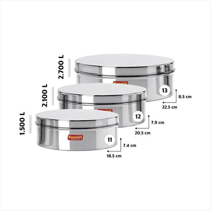 Sumeet Stainless Steel Flat Canisters/Storage Containers Set Of 3Pcs (1.5Ltr,2.1Ltr,2.7Ltr)