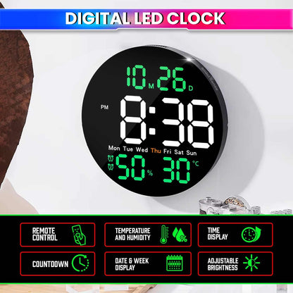 10-Inch Digital Wall Clock with Remote Control, LED Display, Temperature, Humidity, Dual Alarms