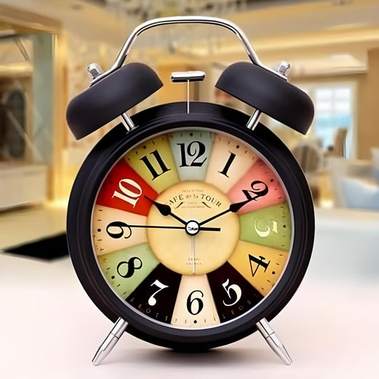Table Analog Twin Bell Alarm Clock – Retro Metal Frame, Super Loud for Heavy Sleepers, Adults, Quartz Movement with Night Backlight (Black), 9 × 12 cm