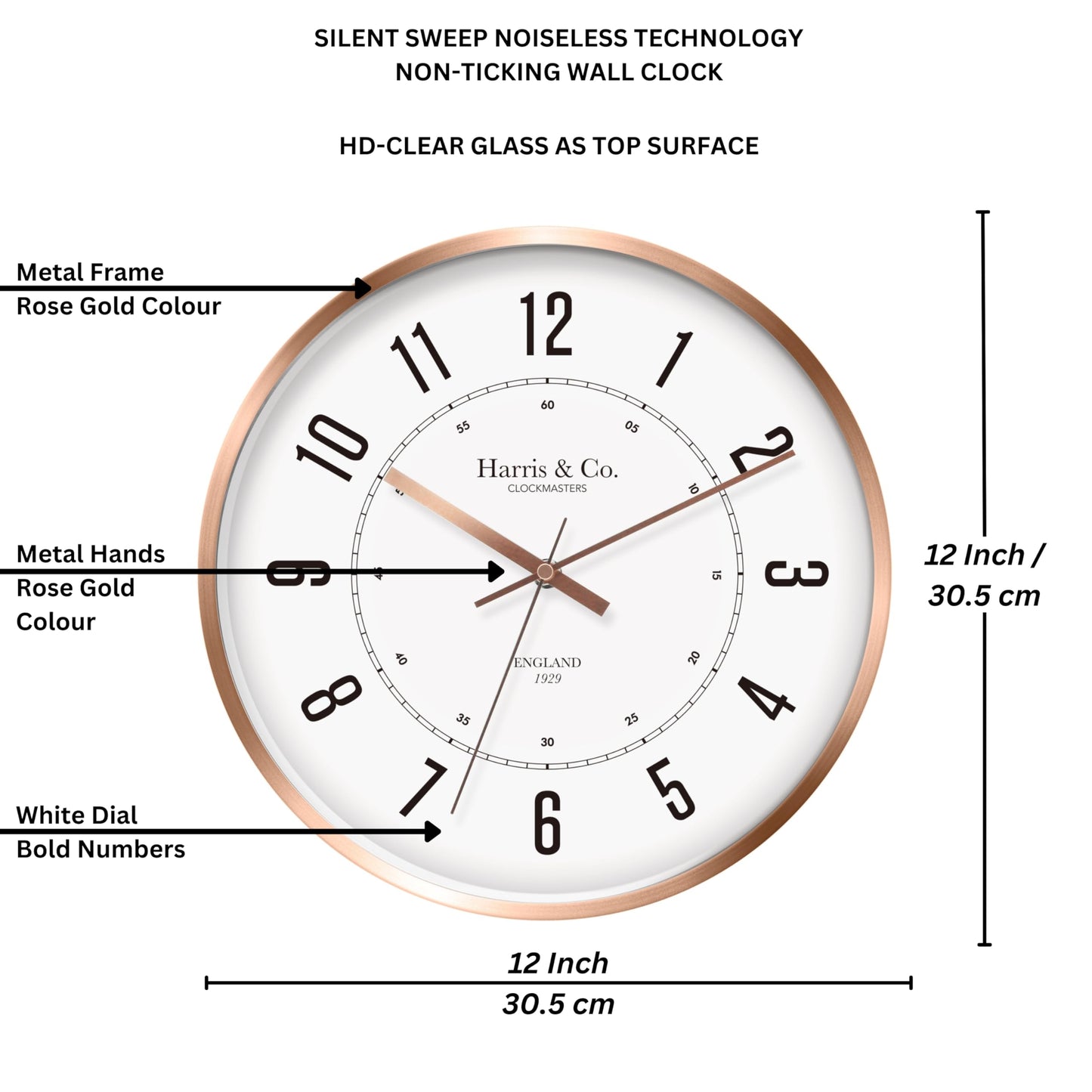 Wall Clock with Silent Sweep Technology, 12 Inch, Rose Gold Metal Frame