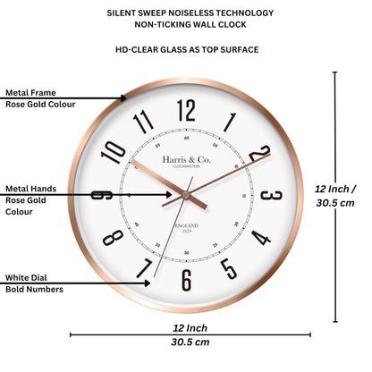 Wall Clock with Silent Sweep Technology, 12 Inch, Rose Gold Metal Frame
