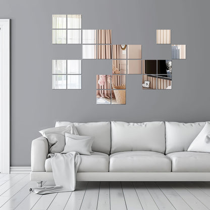 Wall Mirror Stickers Set of 30 - Acrylic Reflective Square Stickers - Silver - 15 cm x 15 cm