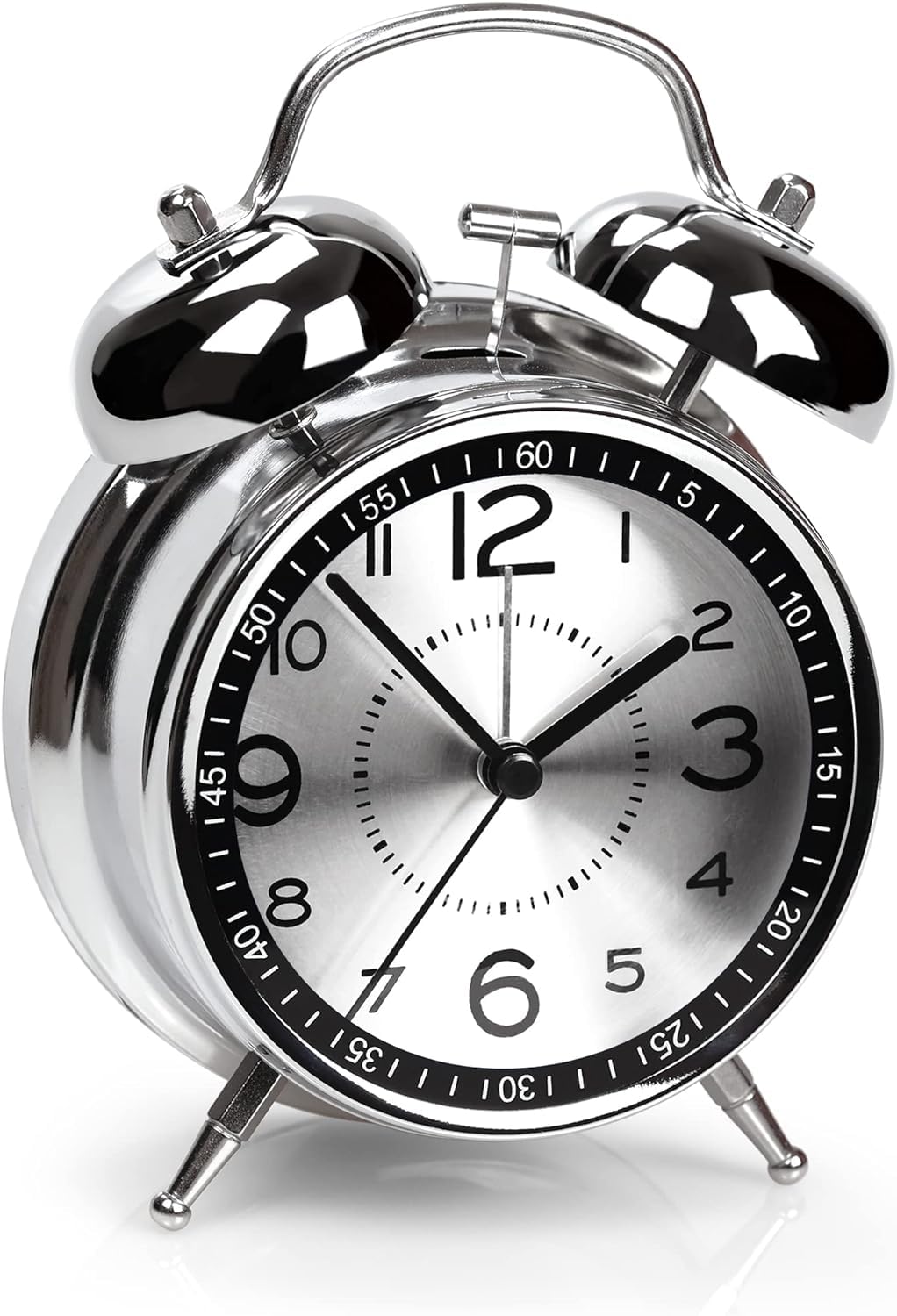 Analog Twin Bell Alarm Clock for Heavy Sleepers – Loud 4-Inch Metal Table Clock with Backlight, Ideal for Students, Bedroom, Office, or Home Décor (Silver)