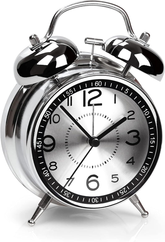 Analog Twin Bell Alarm Clock for Heavy Sleepers – Loud 4-Inch Metal Table Clock with Backlight, Ideal for Students, Bedroom, Office, or Home Décor (Silver)