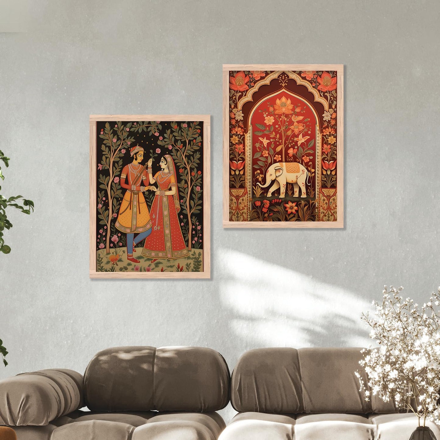 Framed Madhubani Art Painting Set of 2 - Traditional Rajasthani Style - 10 inch x 13 inch - Engineered Wood Frame