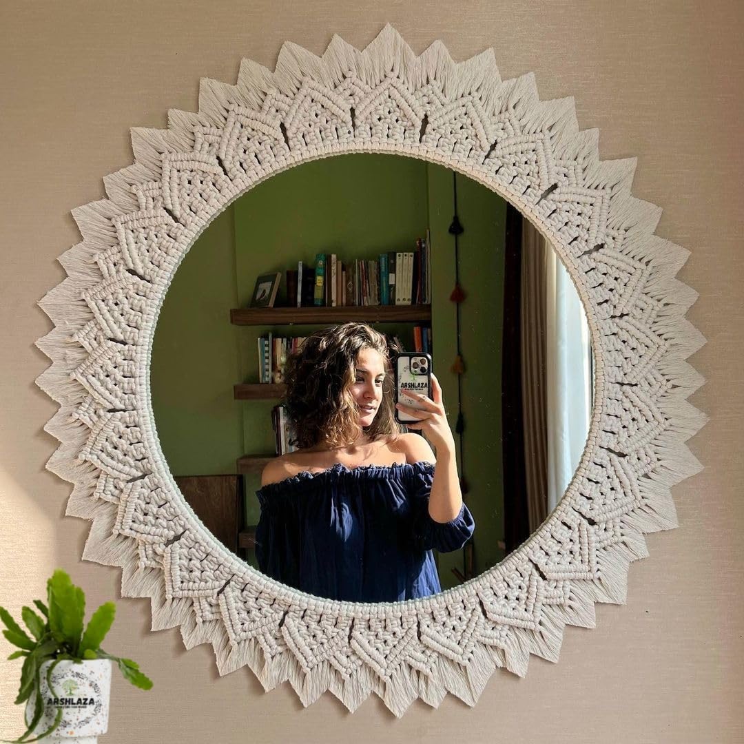 Macrame Wall Mirror Handmade Off-White 17x17 Inches with 10 Inch Glass Mirror