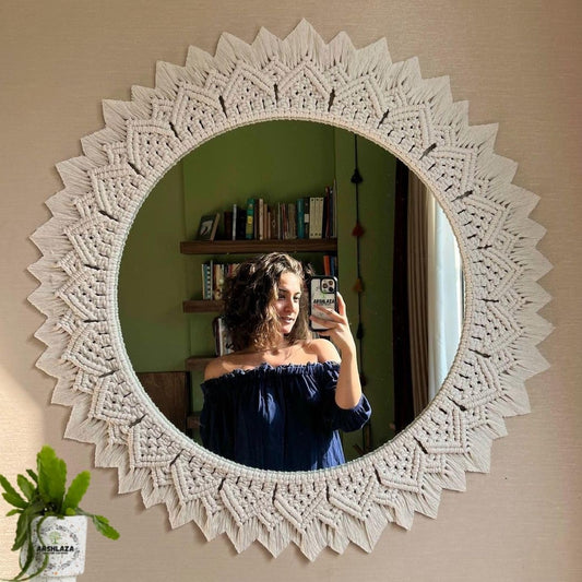 Macrame Wall Mirror Handmade Off-White 17x17 Inches with 10 Inch Glass Mirror
