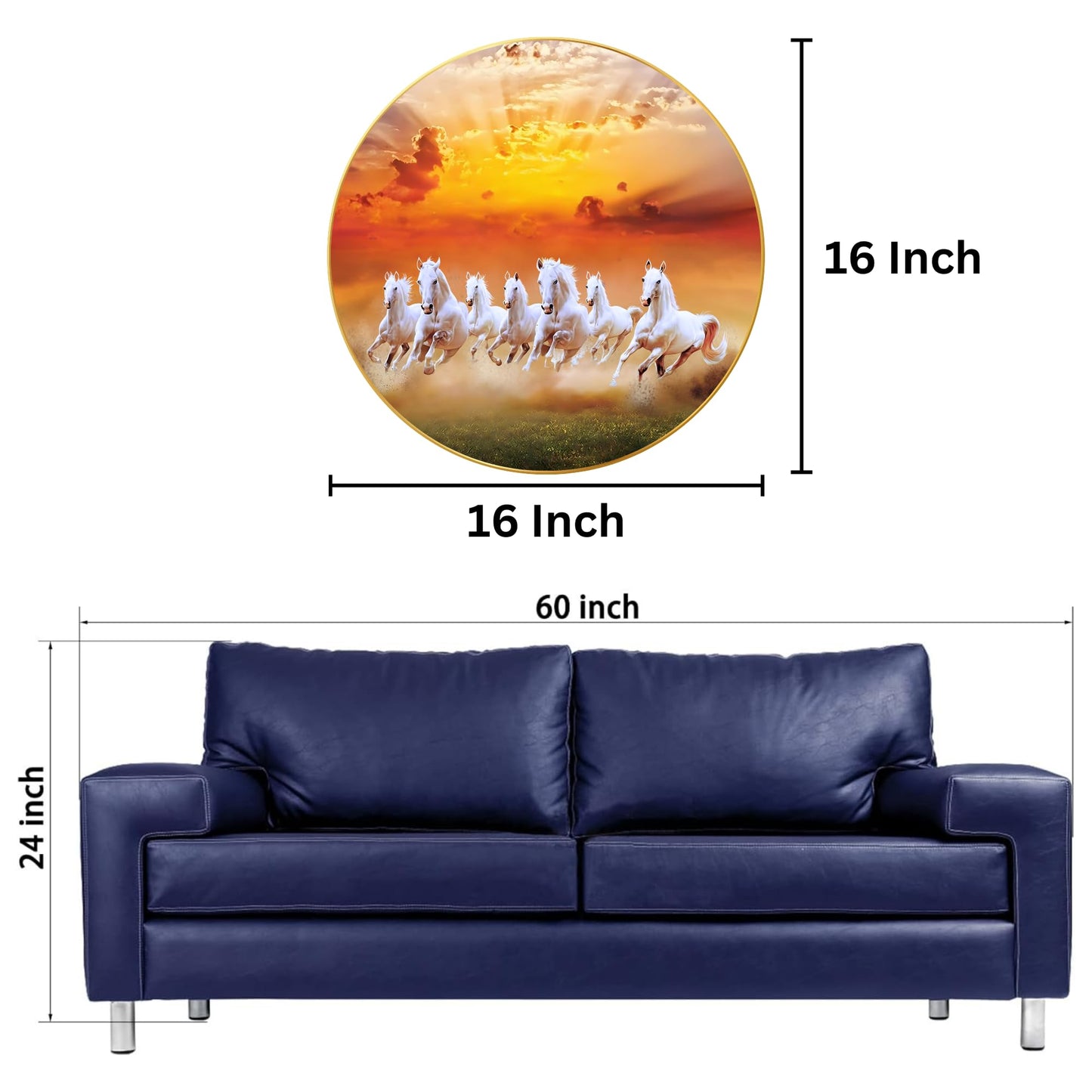 Wall Painting - 7 Horses Vastu Art - Sparkle Laminated - Golden Frame - 40 cm x 40 cm