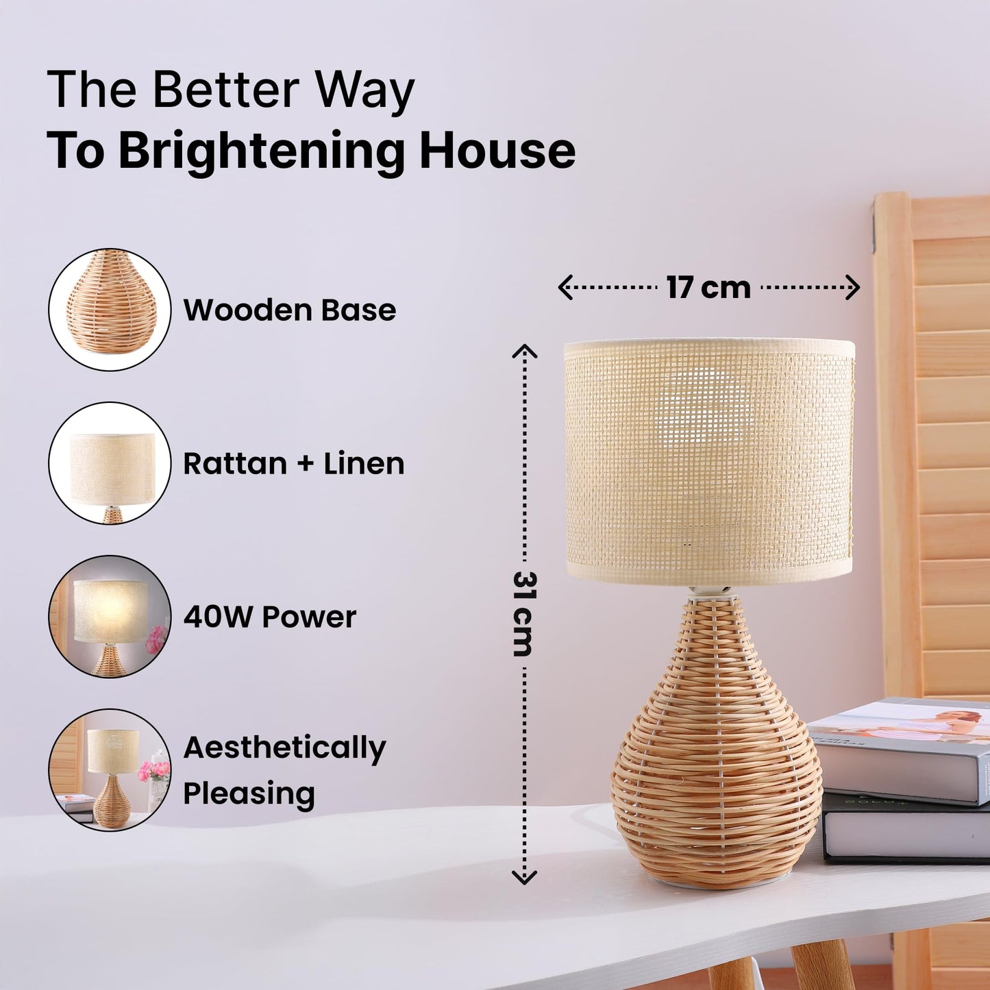 Table Lamp Eco-Friendly Rattan and Linen 31CM for Bedroom and Living Room