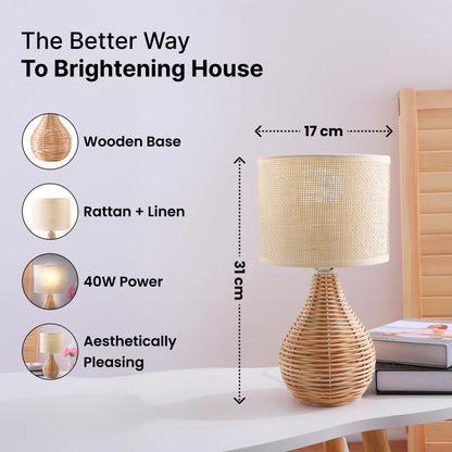 Table Lamp Eco-Friendly Rattan and Linen 31CM for Bedroom and Living Room