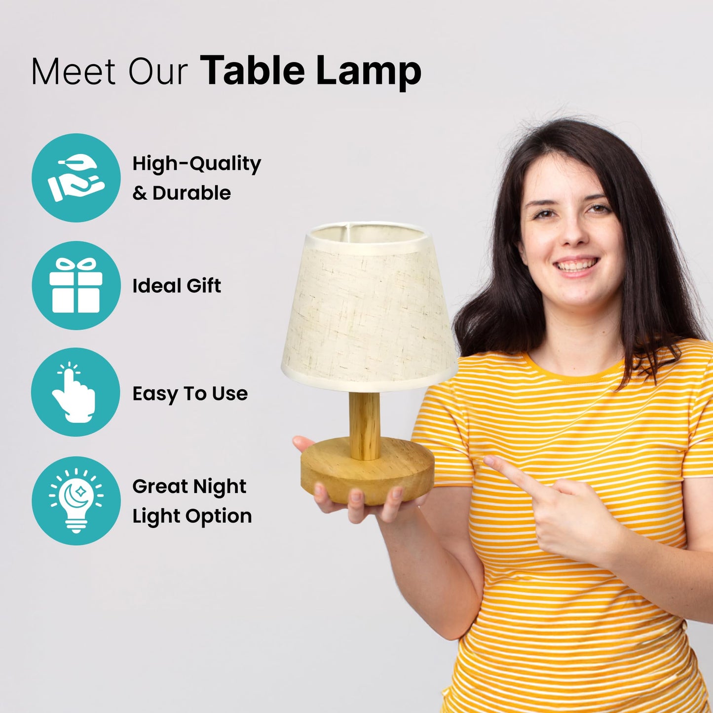 LED Table Lamp with Dimmable Functionality, Wooden Base & Fabric Shade, 21cm