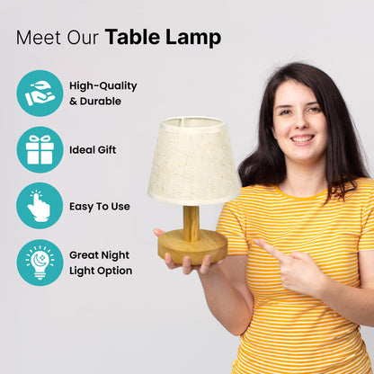 LED Table Lamp with Dimmable Functionality, Wooden Base & Fabric Shade, 21cm