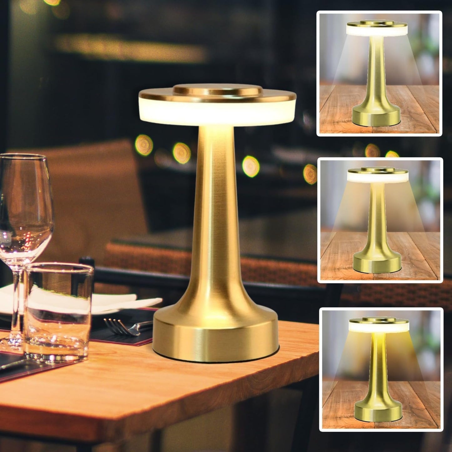 LED Table Lamp with Touch Sensor Gold Finish Rechargeable 3-Levels Brightness 30cm