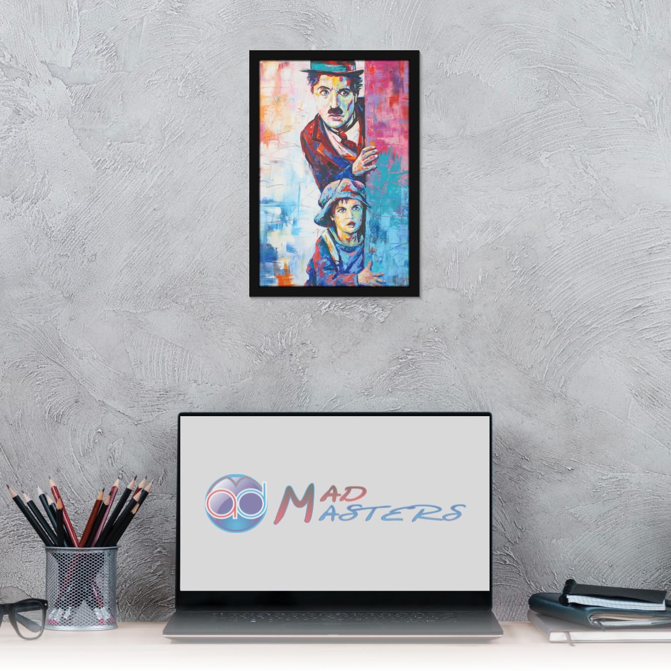 Canvas Painting of Charlie Chaplin & Kid - 8x12 Inch - Paper with Plexi Glass