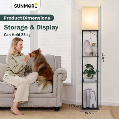 4-Tier Floor Lamp with Wooden Shelves and Adjustable LED Lighting - Black - 173 cm