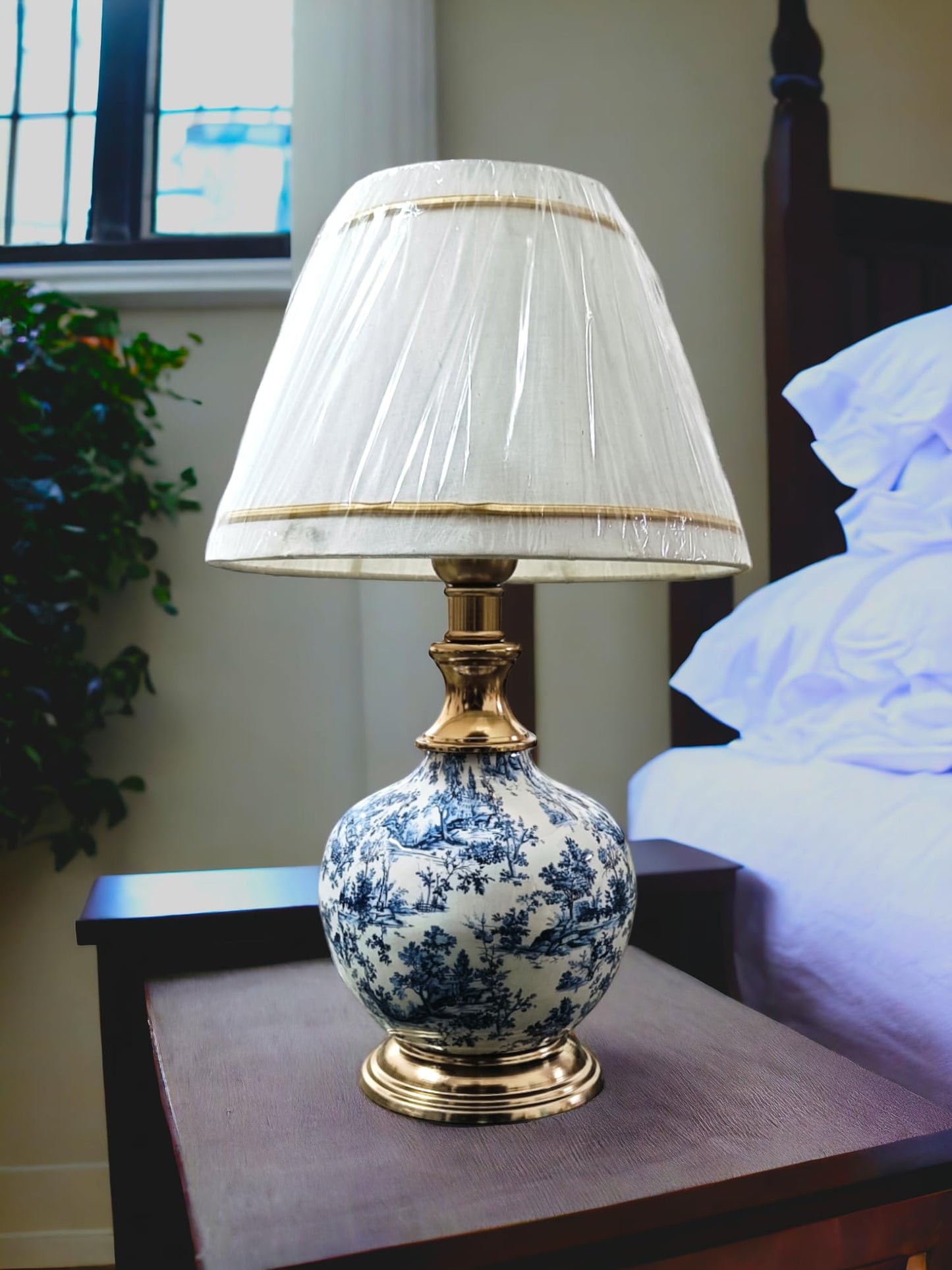 LED Table Lamp with Antique Gold Finish and Fabric Shade - 46 x 25 cm