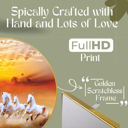 Wall Painting - 7 Horses Vastu Art - Sparkle Laminated - Golden Frame - 40 cm x 40 cm