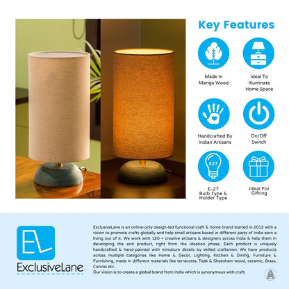 LED Table Lamp Handcrafted in Mango Wood with Antique Finish - 13 Inch - Turquoise