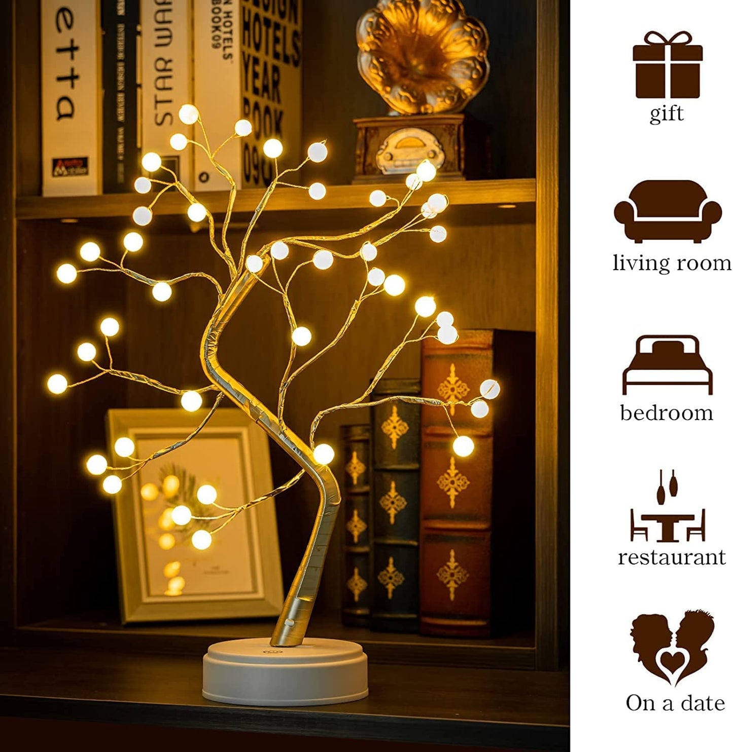 LED Bonsai Tree Lamp with Touch Switch - Warm White - 36 Pearl LEDs - USB & Battery Operated