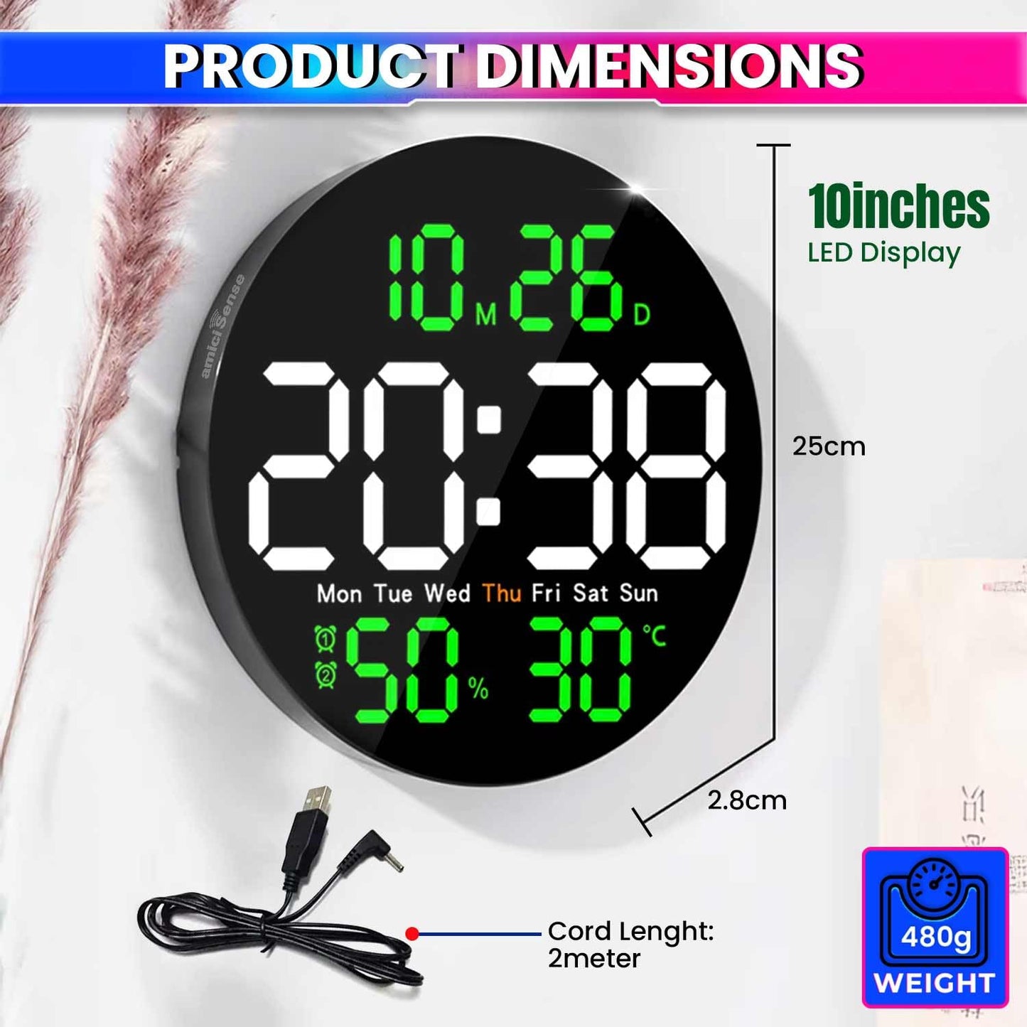 10-Inch Digital Wall Clock with Remote Control, LED Display, Temperature, Humidity, Dual Alarms