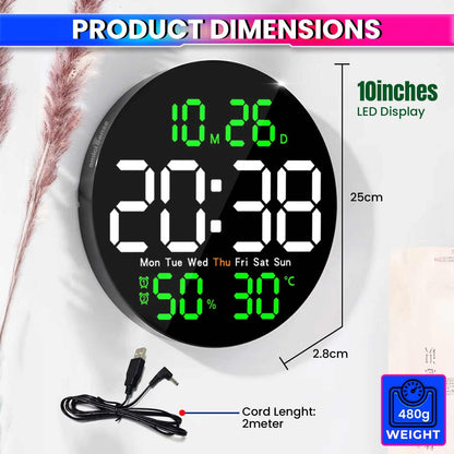 10-Inch Digital Wall Clock with Remote Control, LED Display, Temperature, Humidity, Dual Alarms