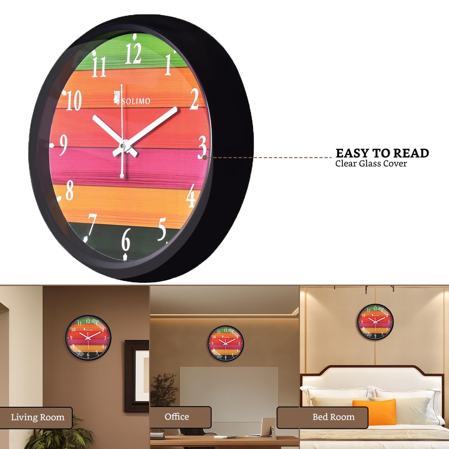 Wall Clock with Step Movement - 12 Inch Diameter, Black Plastic Frame, Glass Face
