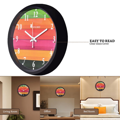Wall Clock with Step Movement - 12 Inch Diameter, Black Plastic Frame, Glass Face