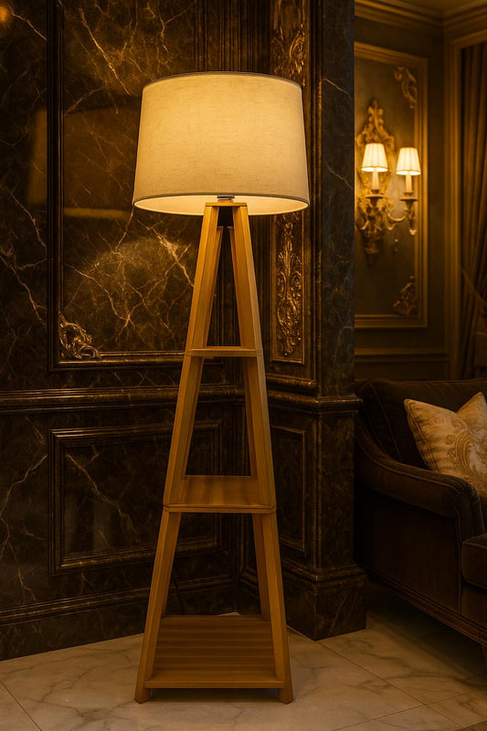 Modern Floor Lamp with Linen Shade and Wooden Frame - Tall Design with Storage Shelves