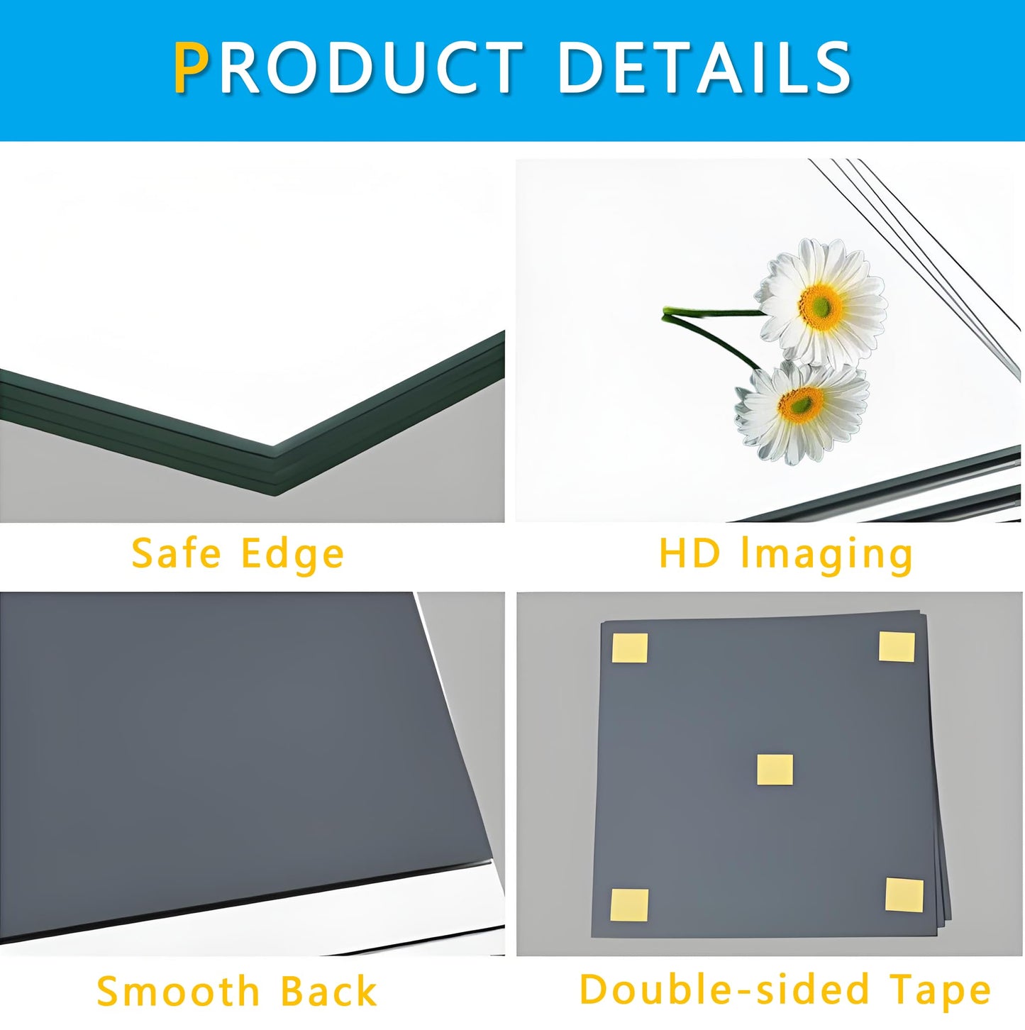 Frameless Glass Mirror Tiles - Set of 4, 12" x 12", High-Definition, Wall-Mounted, White