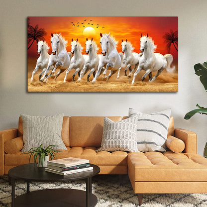 Canvas Wall Painting Seven Running Horses at Sunrise with Wooden Frame 48x24 inches