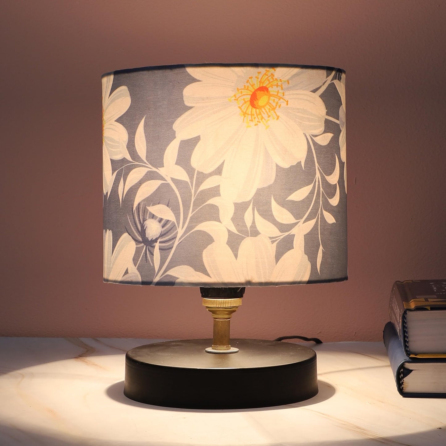Table Lamp with Floral Print Satin Shade - Black Metal Base - 9" Height
