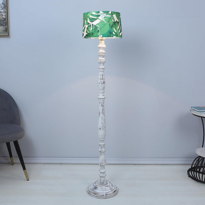 Floor Lamp with Rustic White Mango Wood Base and Palm Print Satin Shade - 54 inches