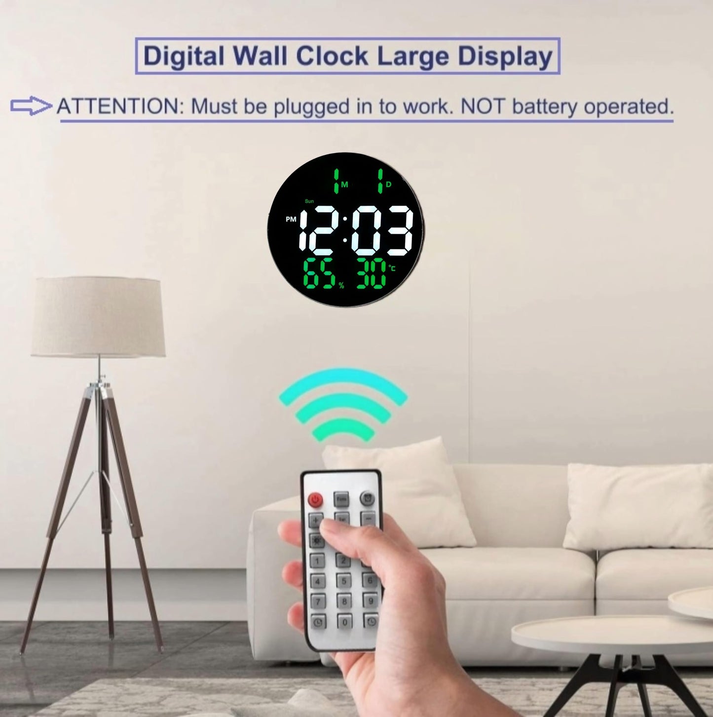 Digital Wall Clock with Remote Control, 10 Inch LED Display, Green, Temperature, Humidity, Alarm