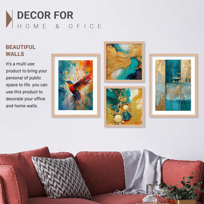 Wall Painting Set of 4 - Rectangular Framed Artwork - 10 inch x 13 inch - Engineered Wood Frame