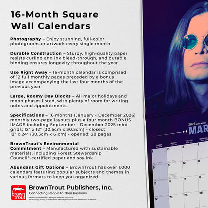 Ozzy Osbourne OFFICIAL | 2026 12 x 24 Inch (Hanging) Monthly Square Wall Calendar | BrownTrout | Heavy Metal Black Sabbath