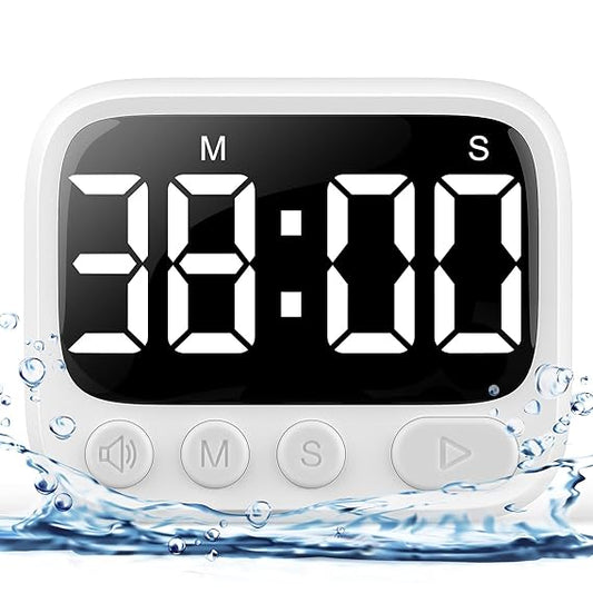 Waterproof Bathroom Timer Clock Toilet Timer Digital Kitchen Timer w/Suction Cup for Wall Mount, Desk Timer w/Stand for Desktop, Countdown/Stopwatch/Mute/High/Low Volume, White
