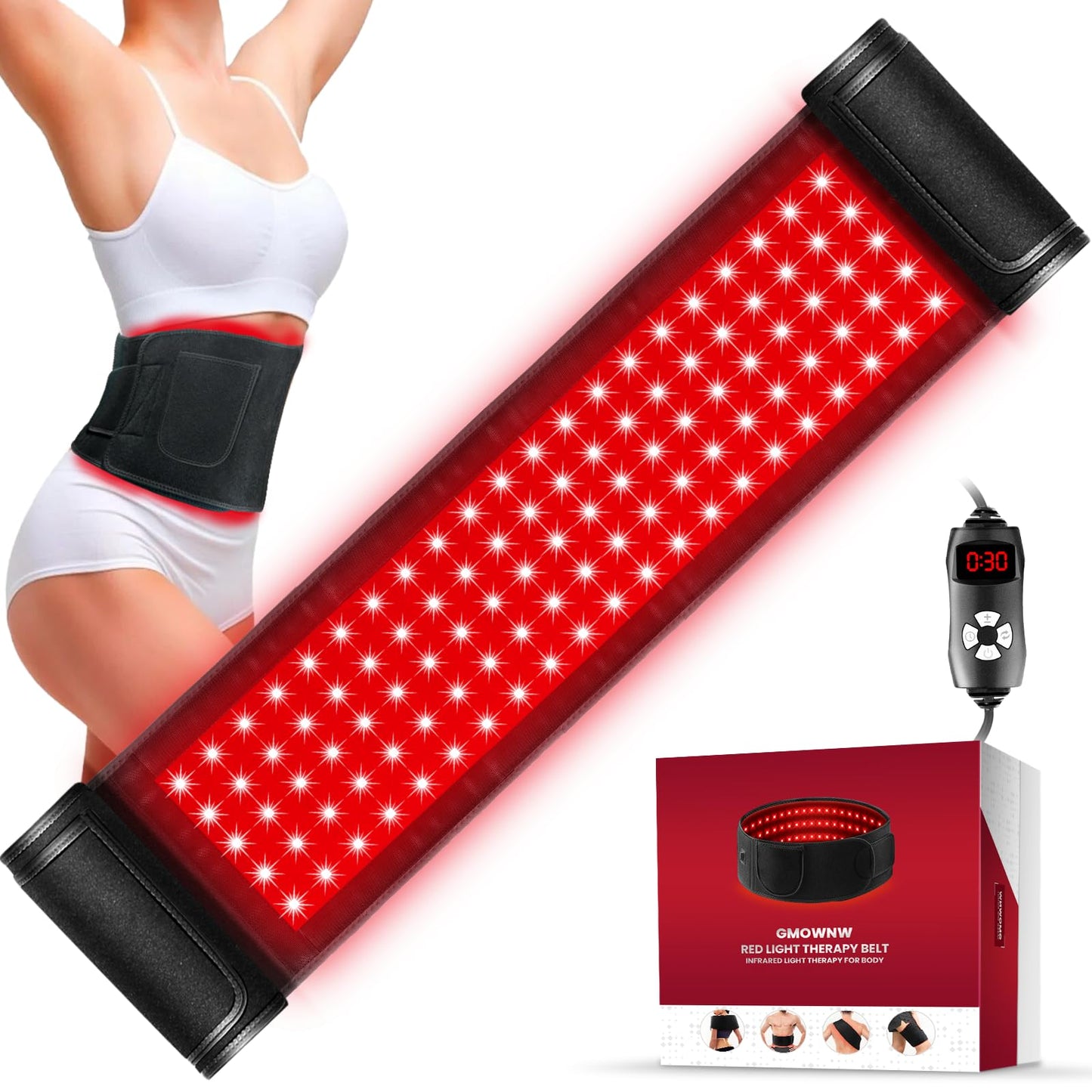 Red Light Therapy Belt Wrap with Timer & Remote Control, 660nm & 850nm, 105 LEDs, 7" x 50" Treatment Area