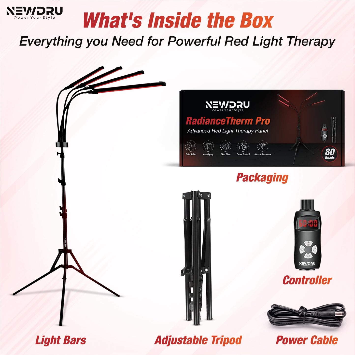 Red Light Therapy Panel with Timer Control, 80 LEDs, 660nm & 850nm, Full Body Treatment, Portable Design