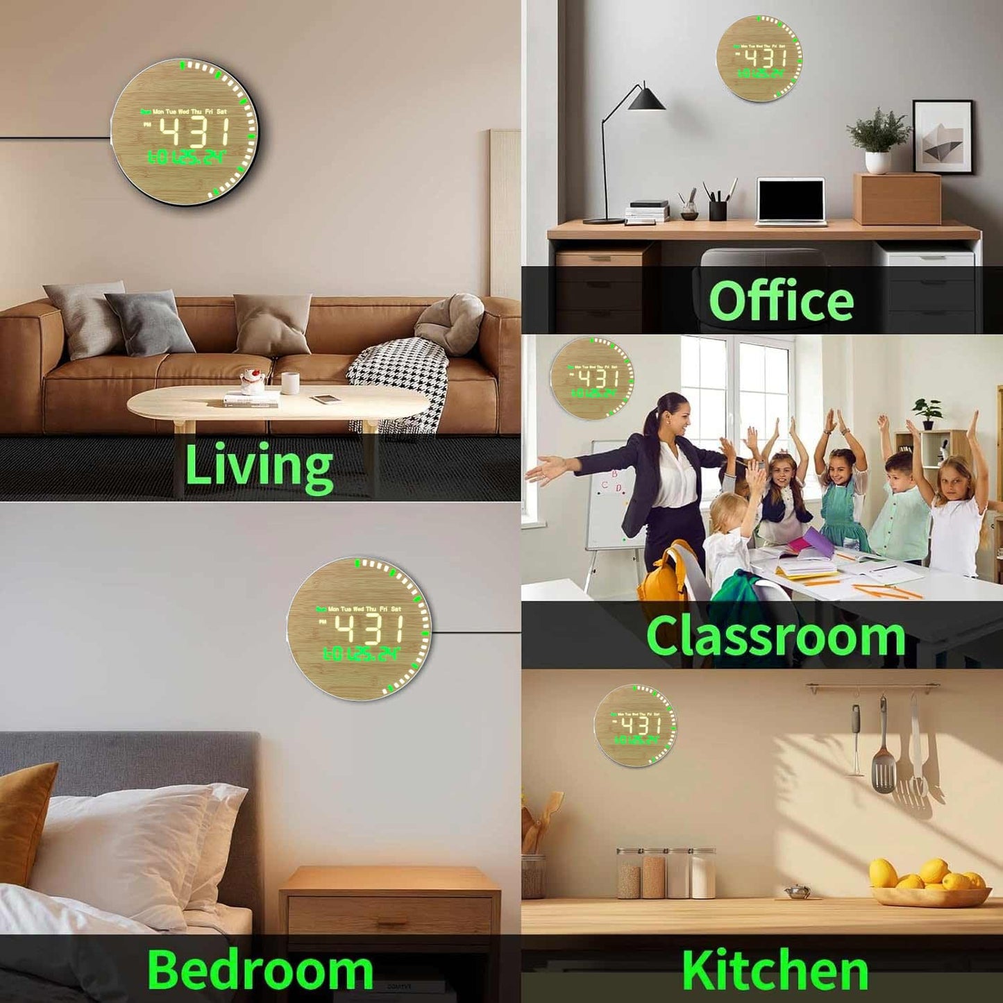 10-Inch LED Digital Wall Clock with Remote Control, Bamboo Style, White