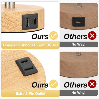 Dimmable Touch Control Table Lamp with USB Ports - Flaxen Fabric Shade, Wood Base, LED Bulb Included
