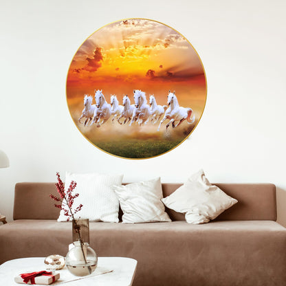 Wall Painting - 7 Horses Vastu Art - Sparkle Laminated - Golden Frame - 40 cm x 40 cm