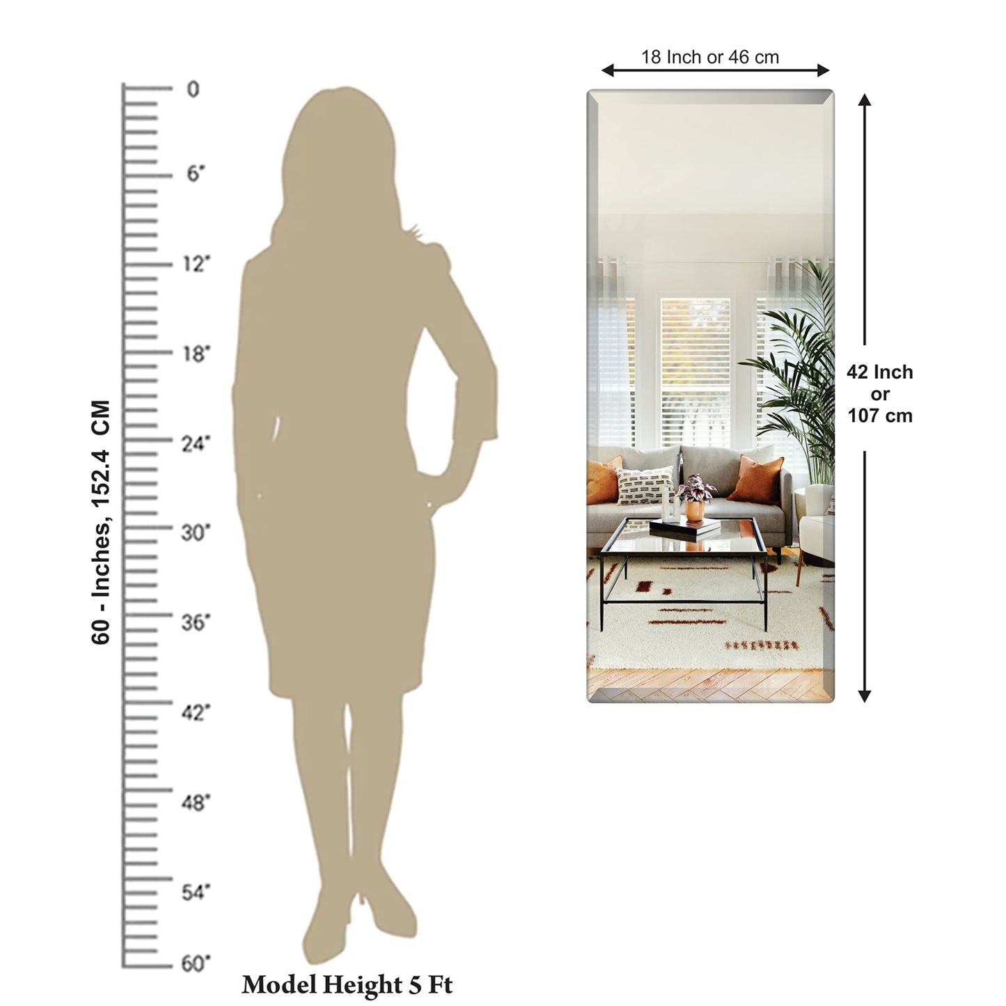 Frameless Beveled Wall Mirror 5mm Thickness 18x42 inch Rectangular Design