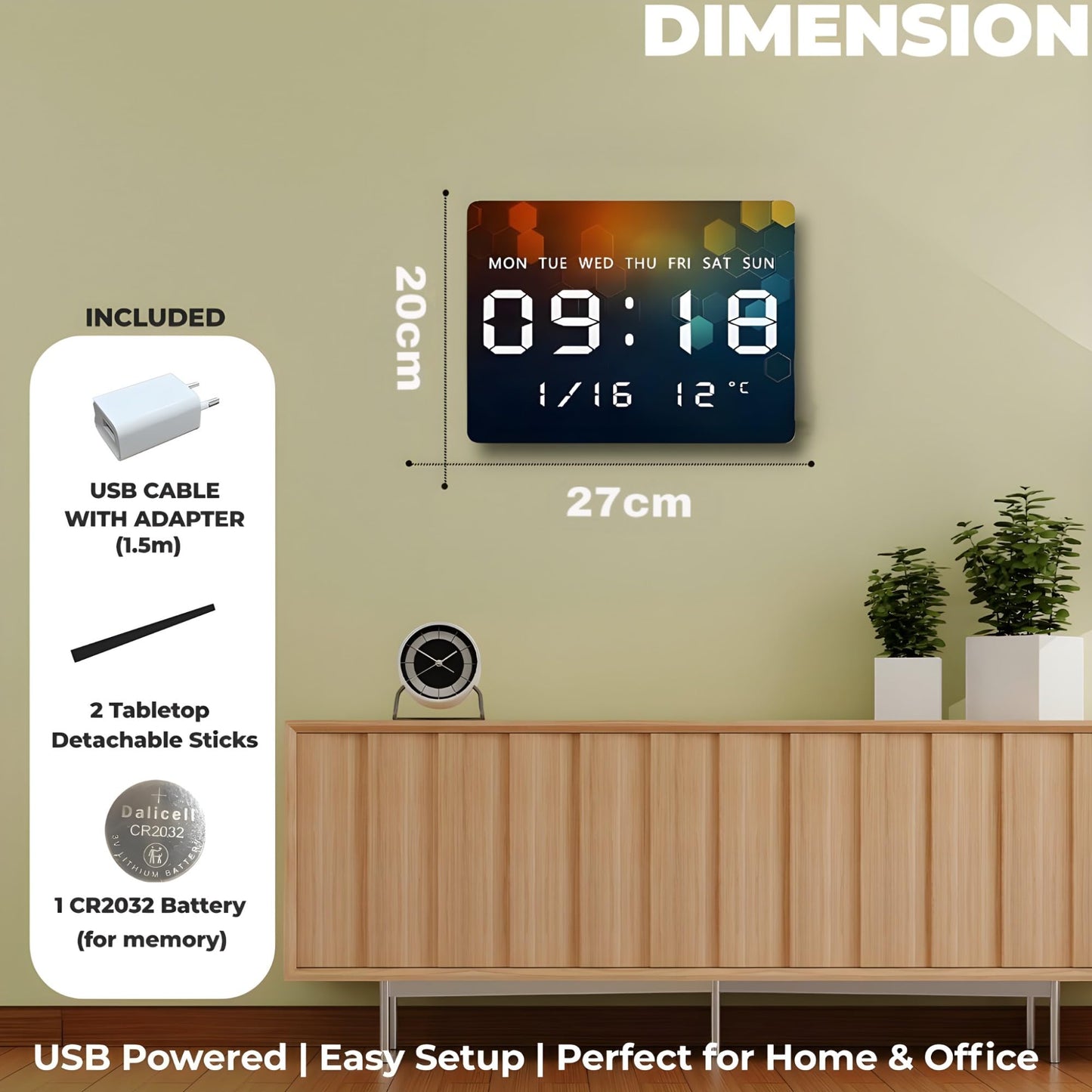 Digital Wall Clock with LED Display, Temperature, Date & Time - 27x20cm, USB Powered