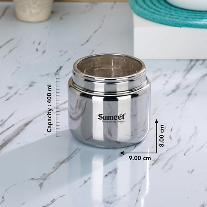 Sumeet Stainless Steel Small Canisters/Dabba/Storage Containers for Kitchen with Lid, Set of 6 Pcs, 400ml Each, 9cm Dia, Silver