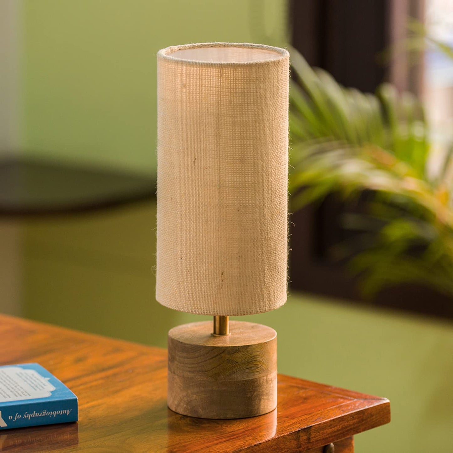 Table Lamp Handcrafted Mango Wood & Linen 14 Inch - Modern Bedside Lighting