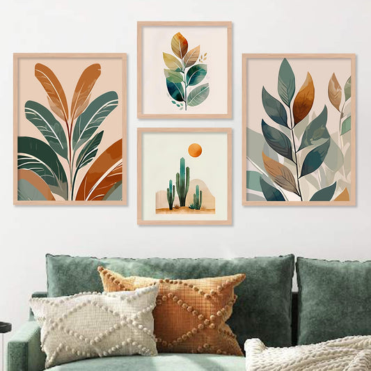 Wall Painting - Nature Inspired Leaf Design - Engineered Wood Frame - 10 inch x 13 inch - Set of 4