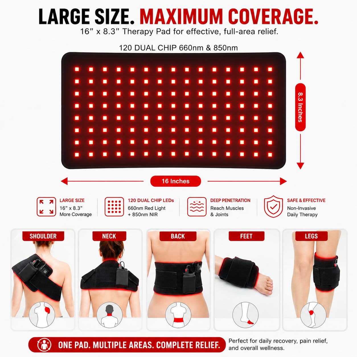Red Light Therapy Pad for Body | 660nm Red & 850nm Near Infrared LED Light Therapy Wrap | High Irradiance up to 280mW/cm² | Pulse Mode | Adjustable Therapy Belt for Back, Knee, Shoulder, Neck & Muscle Recovery