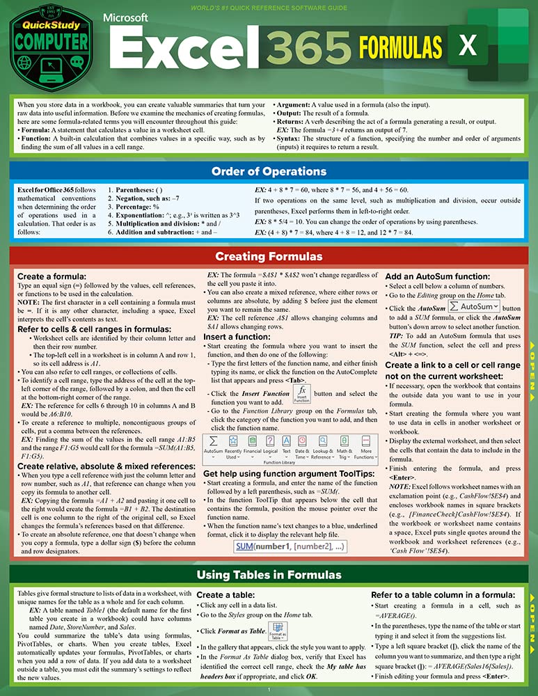 Microsoft Excel 365 Formulas QuickStudy Laminated Reference Guide