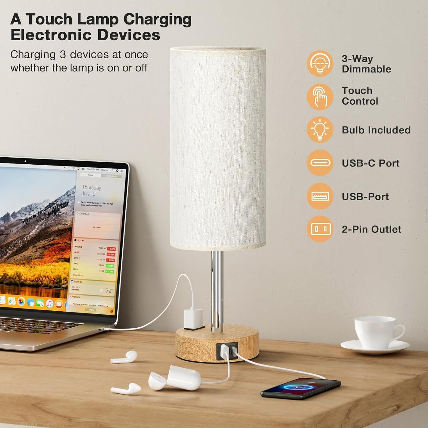 LED Table Lamp with Touch Control & USB Charging Ports - Flaxen Fabric Shade, Wood Base, 14.5 Inch